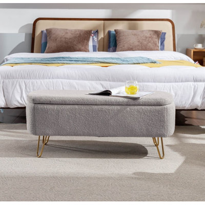 Faux Fur Storage Ottoman Bench with Gold Legs, Upholstered Padded End of Bed Entryway Bench with Hidden Storage for Living Room Bedroom