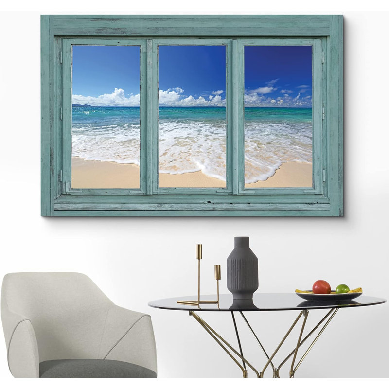 «Window View Blue Sandy Beach Paradise», reproduction sur toile, H 24 po x l 36 po