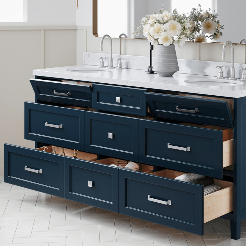 Meuble-lavabo double 72 po ARIEL avec plateau en quartz Carrara, Bleu minuit