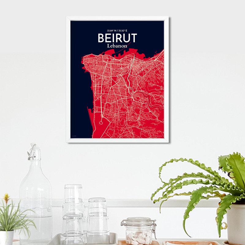 Carte de la ville de Beyrouth, impression maritime, H 20 po x l 16 po, Rouge / Bleu marine