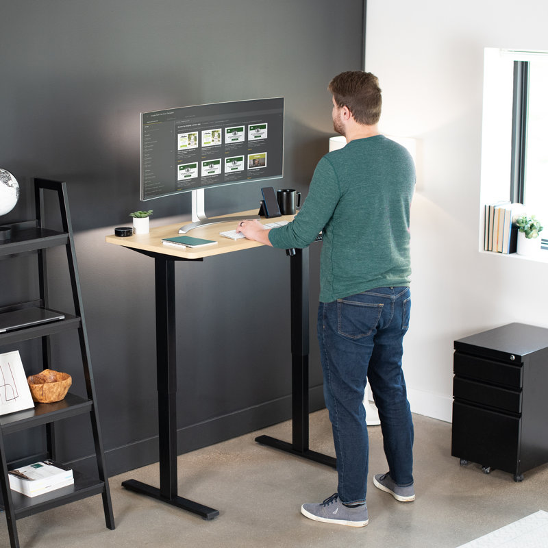 VIVO Single Motor Electric Desk with Push Button Memory Controller, 48.5" H x 43" W x 24" D, Light Wood/Black