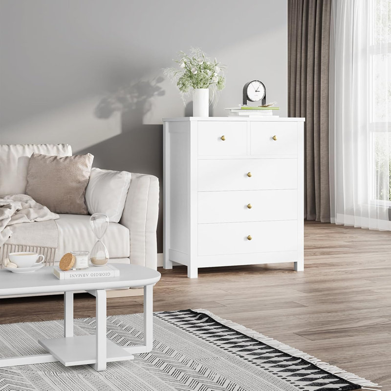 Commode 5 tiroirs pour commode de meubles de chambre à coucher en bois avec poignées rondes, Blanc