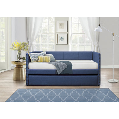Lit de jour rembourré en tissu bleu avec structure en bois et en bois d'ingénierie, revêtement gigogne escamotable, pour meubles de chambre à coucher
