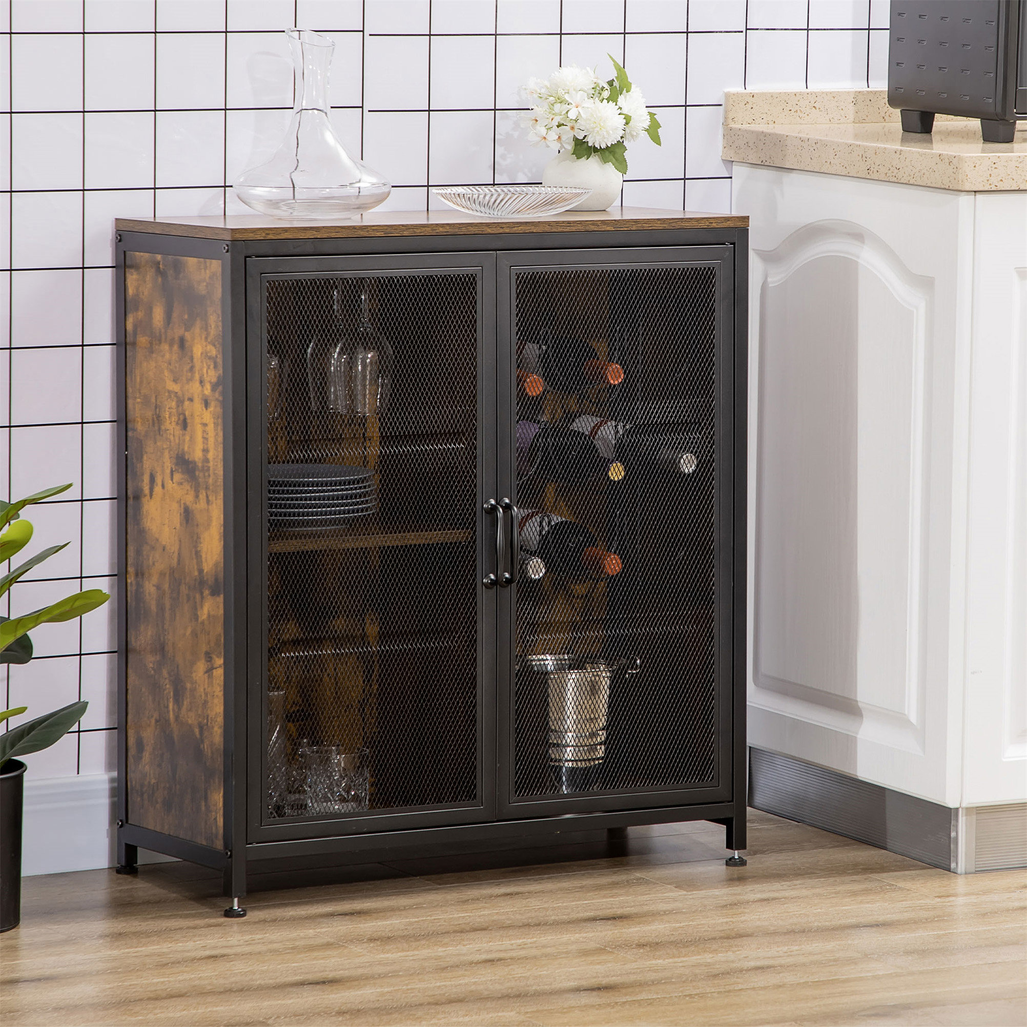Armoire Bar Café Industrielle - 74x92x35cm Avec Portes Vitrées