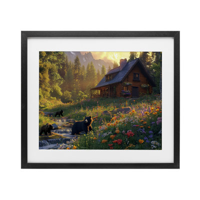 Bears at Floral Cabin, reproduction encadrée sous verre, conception de Jim Baldwin