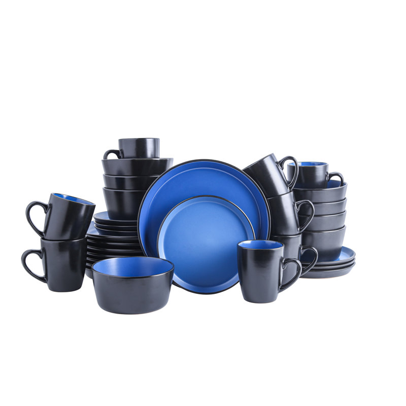 Stone Lain Albie Stoneware 32 Piece Dinnerware Set, Service for 8, Blue & Black, Blue/Black