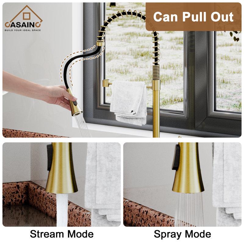 Spring Pull Down Sprayer Kitchen Faucet with Dual-Function Spray Head and Deck Plate, Brushed Gold