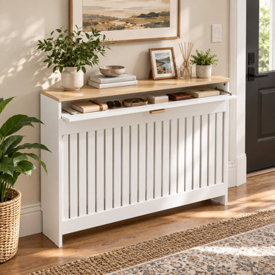 Modern Radiator Cover with Drawer White Slatted MDF Heater Cabinet with Natural Wood-Textured Top