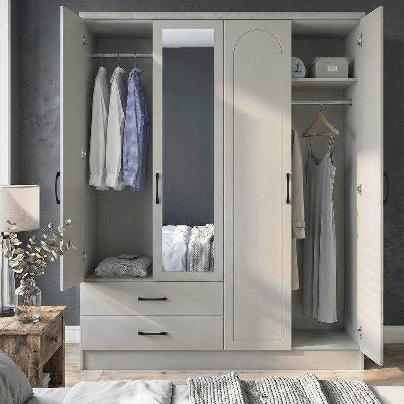 Millbury Shelton 4 Door 2 Drawer Wardrobe with Mirror, Light Grey