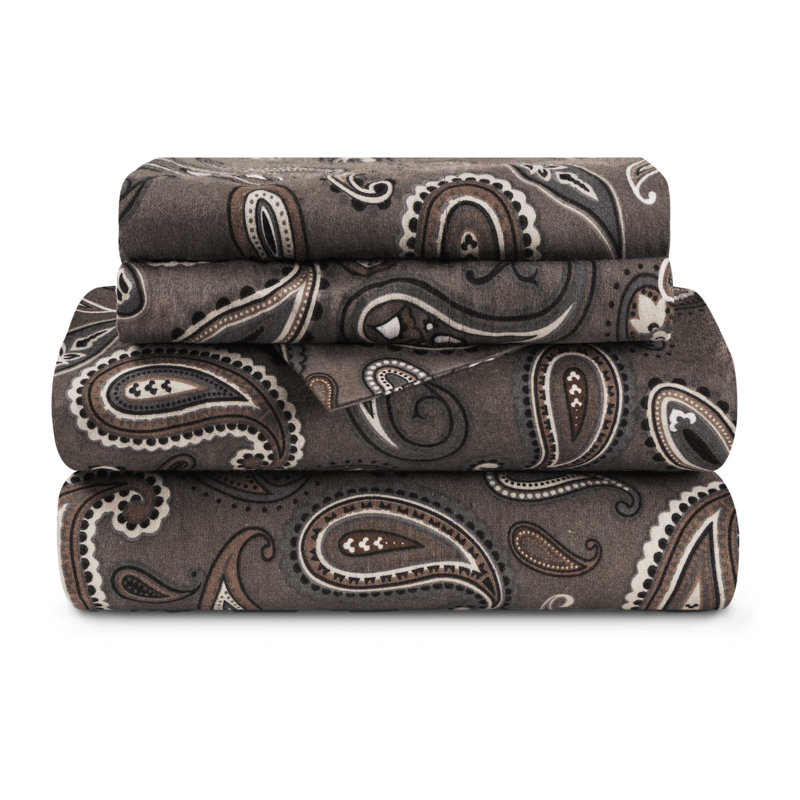 Superior 100% Cotton Flannel Deep Pocket Paisley Printed Sheet Set, Gray Paisley, Split King 5pc Set