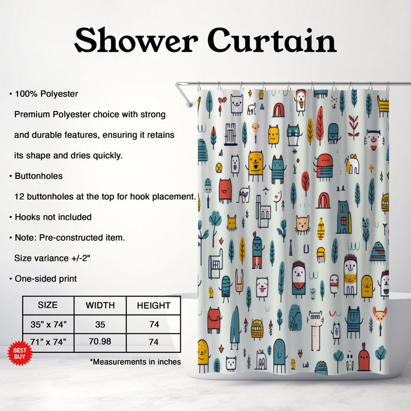 Dessin animé Crew - Rideau de douche Premium, H 74 po x l 71 po