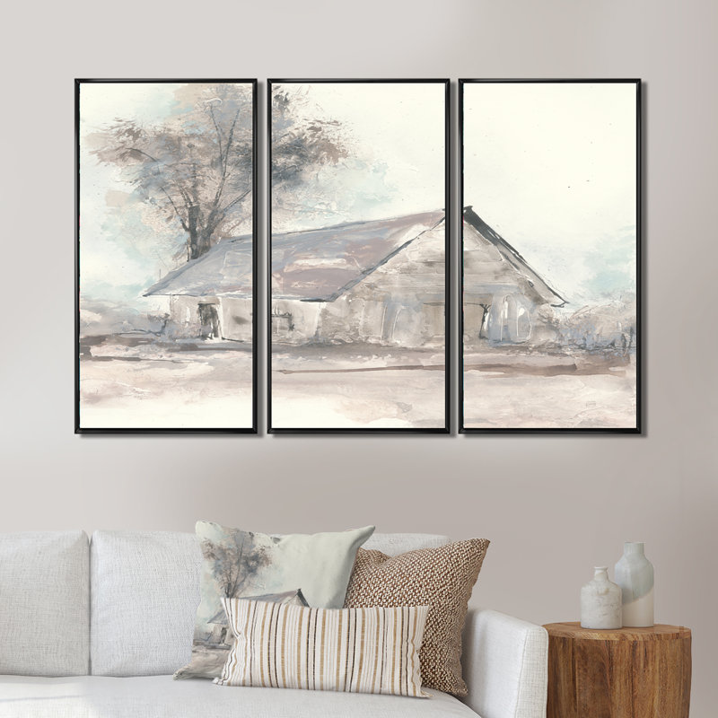 Ensemble de 3 reproductions d'art sur toile encadrées Farmhouse Barn Gray III, H 28 po x l 36 po x P 1 po, Noir