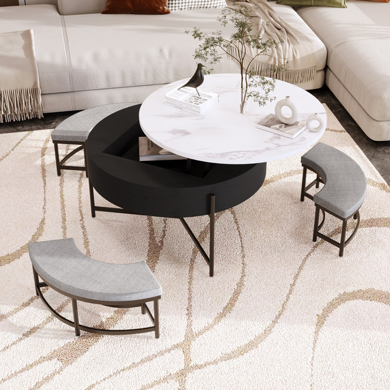Table basse à plateau relevable moderne avec rangement et 3 repose-pieds blanc et noir