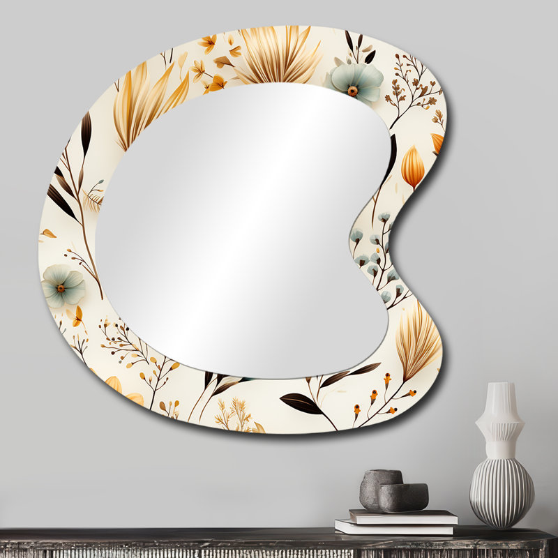Motif de fougères minimalistes Plewak - motif de miroir mural asymétrique floral, grand miroir de forme irrégulière beige, impression d'art en métal