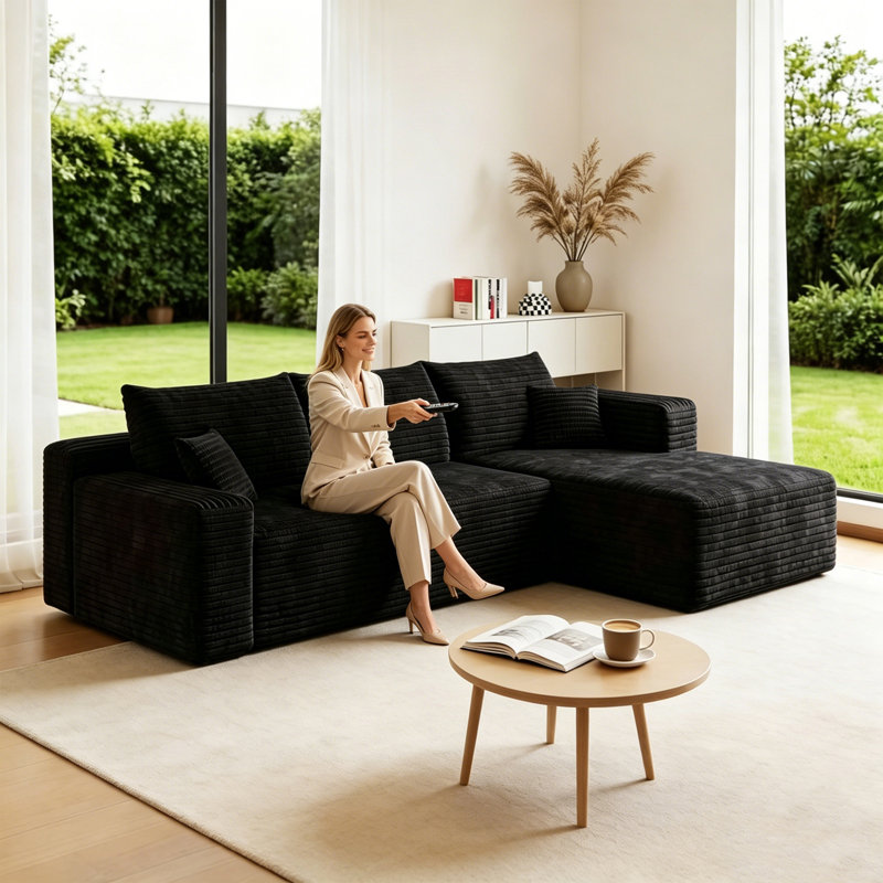 95" Modern Minimalist L‑Shaped Cloud Sectional Sofa, Plush Striped Corduroy Upholstered Corner Couch with Spring‑Pack Cushion, No Assembly Required, Black