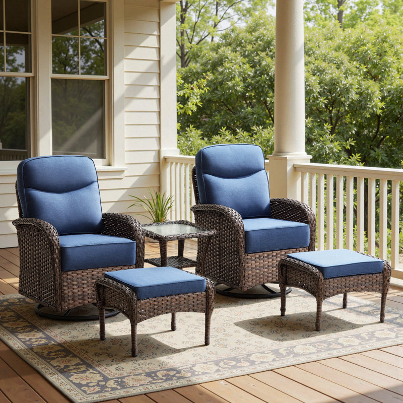 Alakai 5-Piece Outdoor Wicker Crescent High Backrest Swivel Chair Set With Ottomans And Side Table, Blue