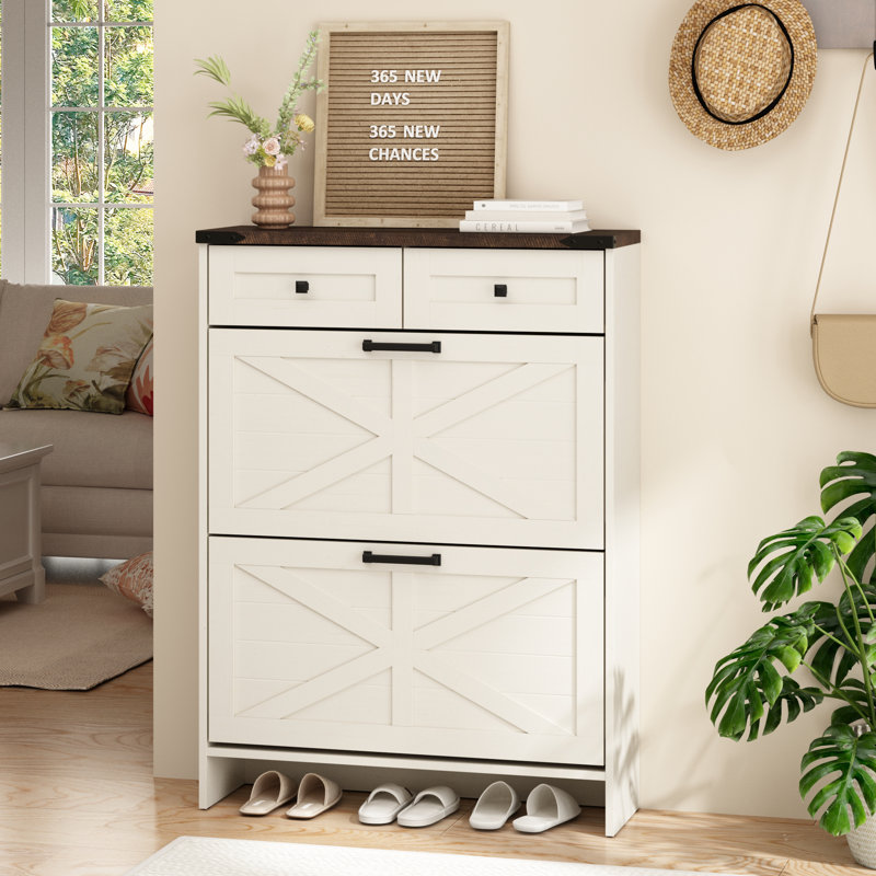 Farmhouse 16 Pair Shoe Cabinet with 2 Storage Drawers, Antique White