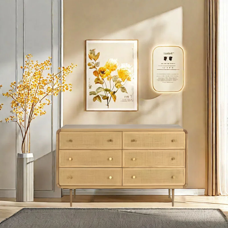 Solid Wood Rattan Six-Drawer Chest