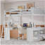 Lit mezzanine double en bois avec bureau en U, compartiments de rangement et miroir à trois volets, blanc