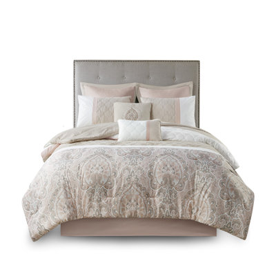Elegant Blush & Taupe King 8 Piece Comforter Set With Hypoallergenic Filling