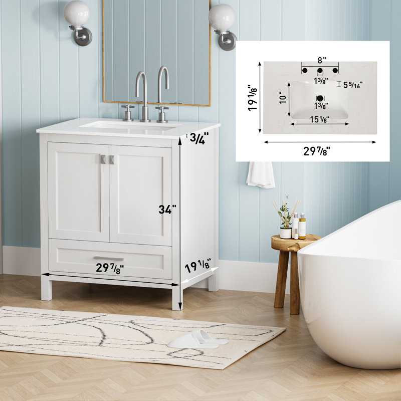 30" Freestanding Single Bathroom Vanity with Engineered Marble Top, Undermounted Ceramic Sink, Soft-Close Door, Solid Wood Drawer, 3 Colors Option