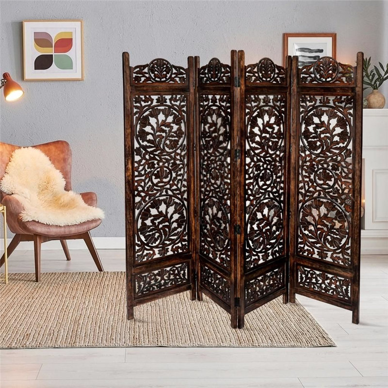 Beheshta 200cm W x 180cm H 4 - Panel Folding Room Divider, Dark Brown