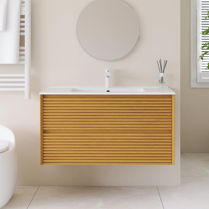 Meuble-lavabo mural simple avec plateau en céramique intégré blanc, Jaune, 36"