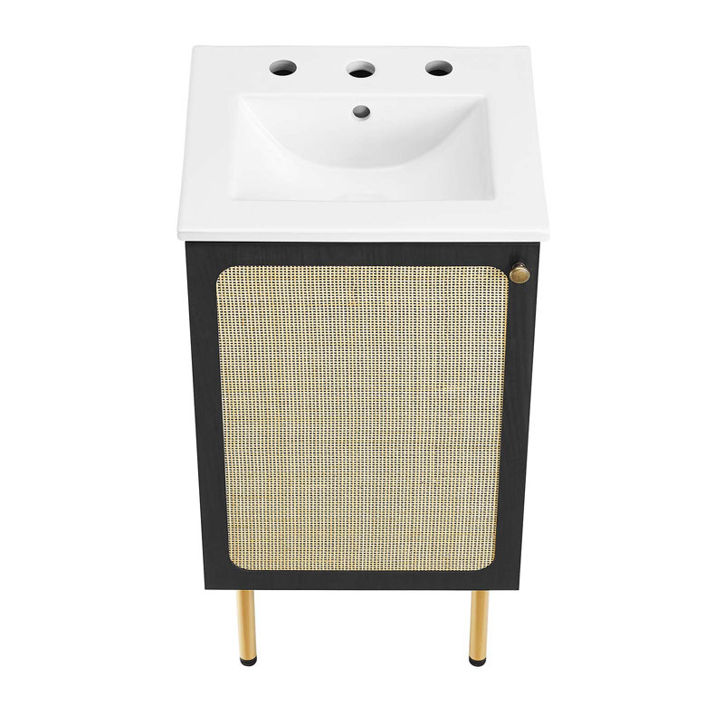 Chaucer 18" Black Wood and Rattan Bathroom Vanity with Ceramic Basin