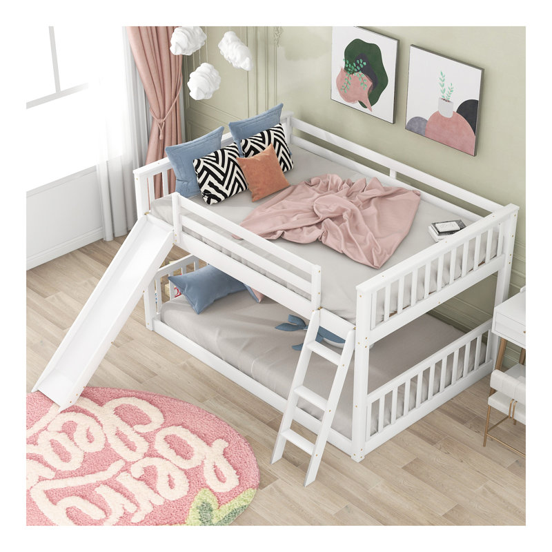 Lit superposé double au-dessus de double avec glissière et échelle convertibles, blanc