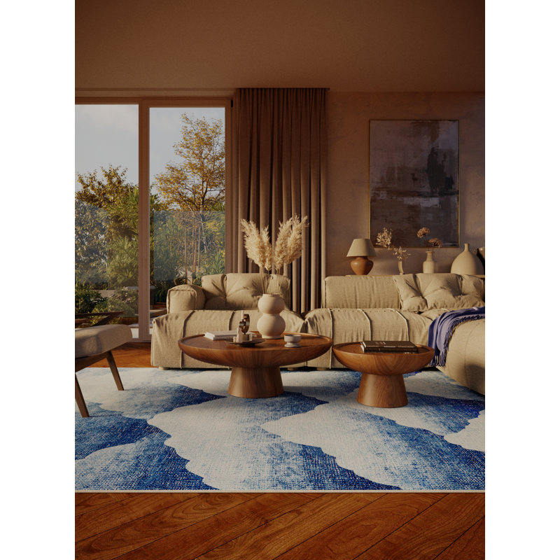 Tapis bleu en chenille / polyester tissé à la main à motif abstrait Eponine, Rond 7 pi