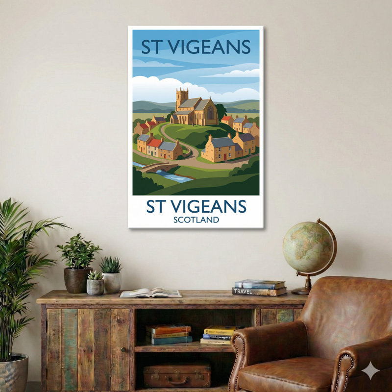 St Vigeans, Scotland - Romantic Travel Poster of Ancient Church and Village. Giclee Print on Wrapped Canvas. Wall Art, Home Decor - Religious & Cultural Sites, Scotland 1 Piece Wrapped Canvas Wall Art