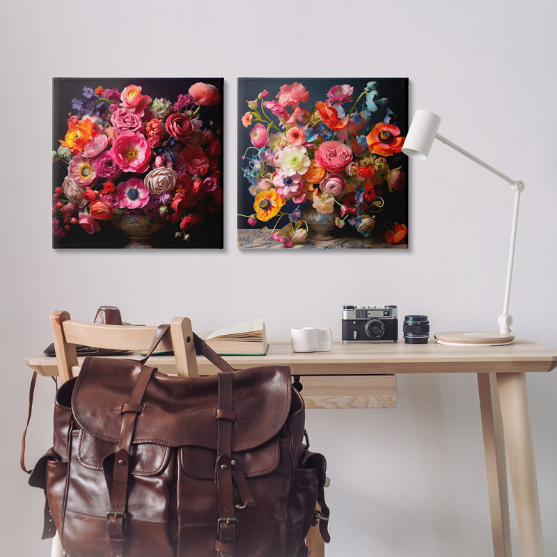 «Stunning Still Life Floral Arrangement», ensemble de 2 toiles murales par Lazar Studio, H 24 po x l 24 po