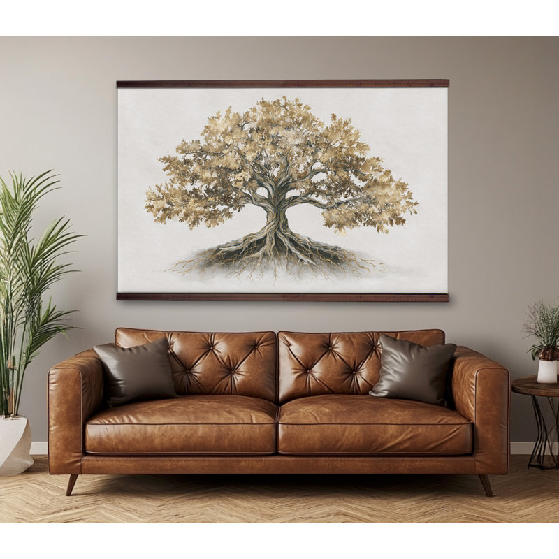 Arbre d'or de la vie doré, très grande tapisserie murale avec cintre en bois - œuvre d'art surdimensionnée inspirée de la nature