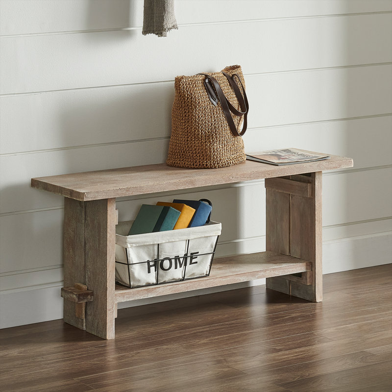 Castleton 40 Inch Wide Solid Mango Wood Bench with 1 Open Shelf Indoor Rustic Farmhouse Entryway Storage Bench for Kitchen, Dining, Living Room, or Mudroom