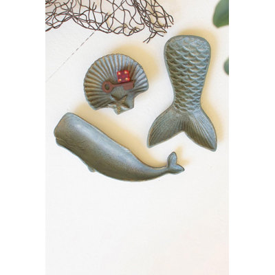  Cast Iron Shell Whale Trinket Trays (Set of 3) 6.5"L Coastal Green Gold Washed Decor