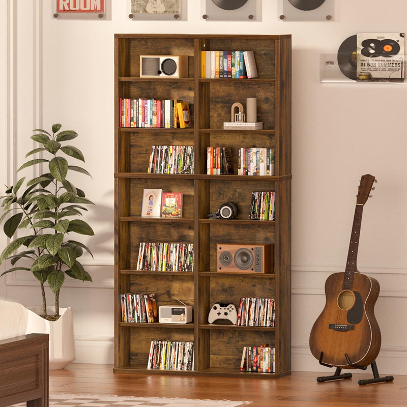 7 Tier Tall Display Cabinet, Media Storage Cabinet with Adjustable Shelves, Free Standing DVD Organizer Shelf, Floor Multimedia Storage Manga Bookshelf for Living Room & Home Office (Brown)