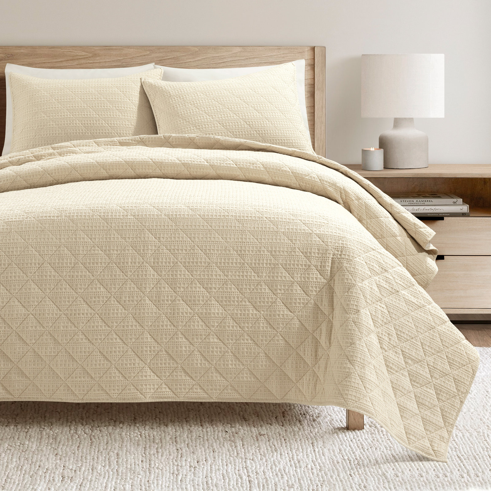 Haniya Solid Waffle Cotton Quilt Set, Beige, King Quilt + 2 King Shams