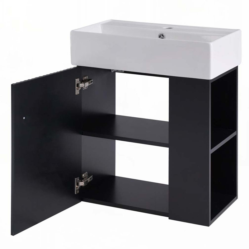 Meuble-lavabo de salle de bain avec lavabo en céramique, porte, tablettes, Noir