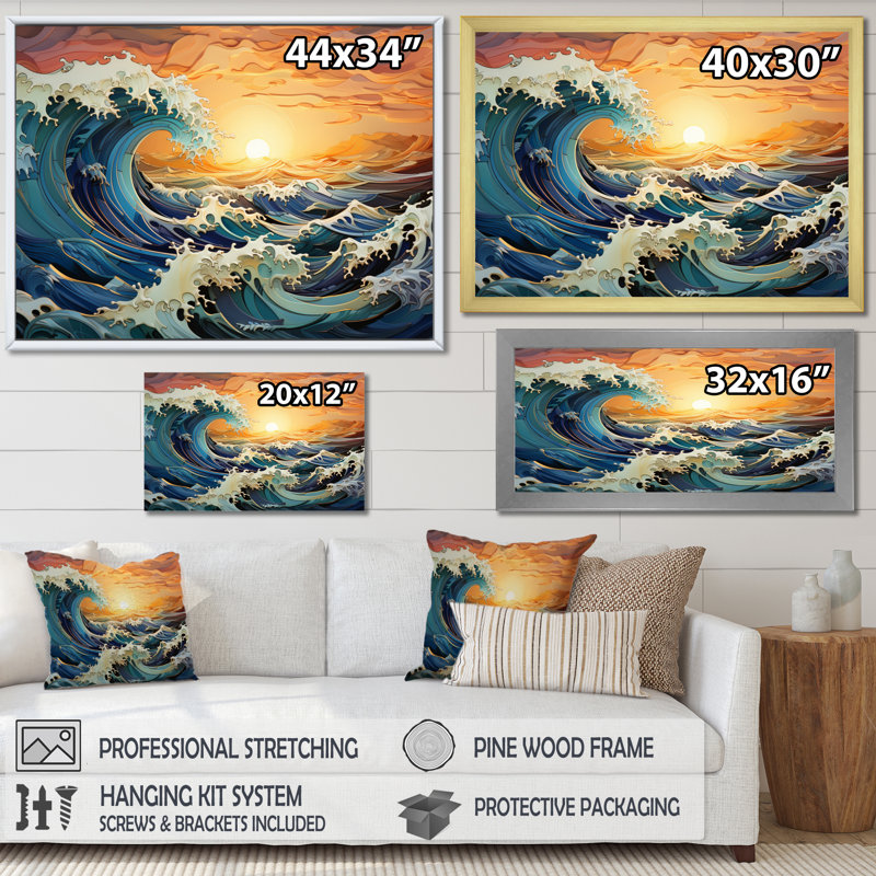 «Teal Kinetic Waves III», reproduction sur toile, H 16 po x l 32 po x P 1 po, Cadre flottant noir