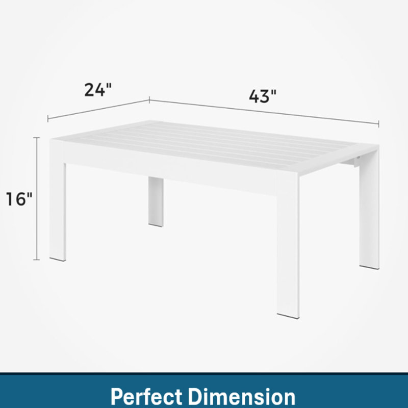 Table basse d'extérieur rectangulaire moderne blanche en aluminium de 43 pouces, résistante aux intempéries, plateau facile à entretenir et stable.
