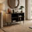 Willam Dark Stained Oak Sideboard TV Unit Japandi Mid-Century Credenza with Fabric Tambour Doors and Solid Wood Legs-1846449247