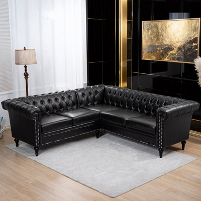 84" L-Shaped Faux Leather Chesterfield Sofa with Rolled Arms and Nailhead Trim