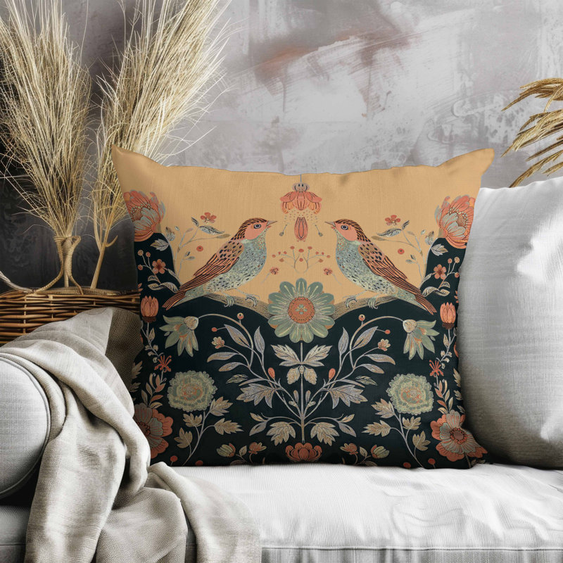 Coussin Birdsong, Carré 16 po, Noir / Vert / Orange