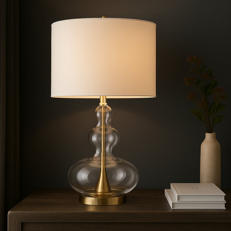 Glass Table Lamp With Brass Base And White Drum Shade
