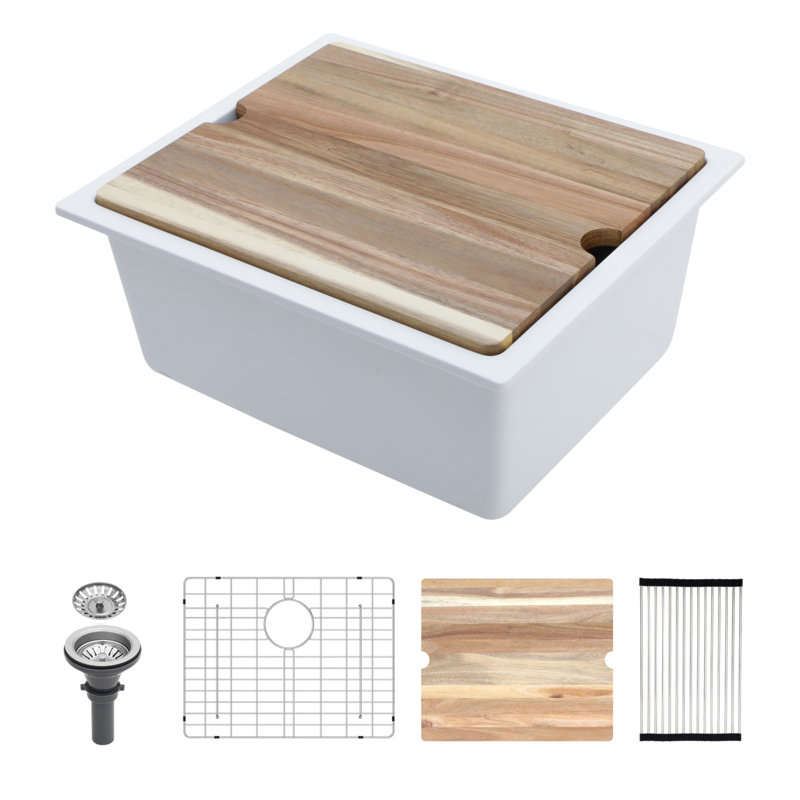 Quartz Kitchen Sink - 21X18" White Granite Composite Workstation Undermount Kitchen Sink, White