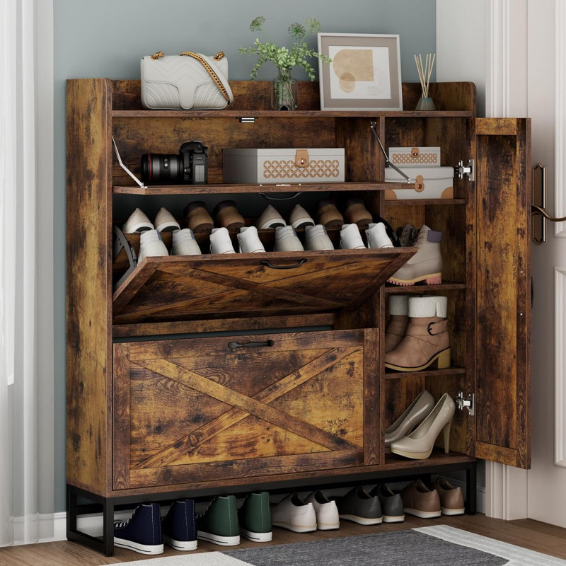 Armoire à chaussures avec 2 tiroirs rabattables, étagère à chaussures avec armoire latérale réglable, Brun rustique / noir