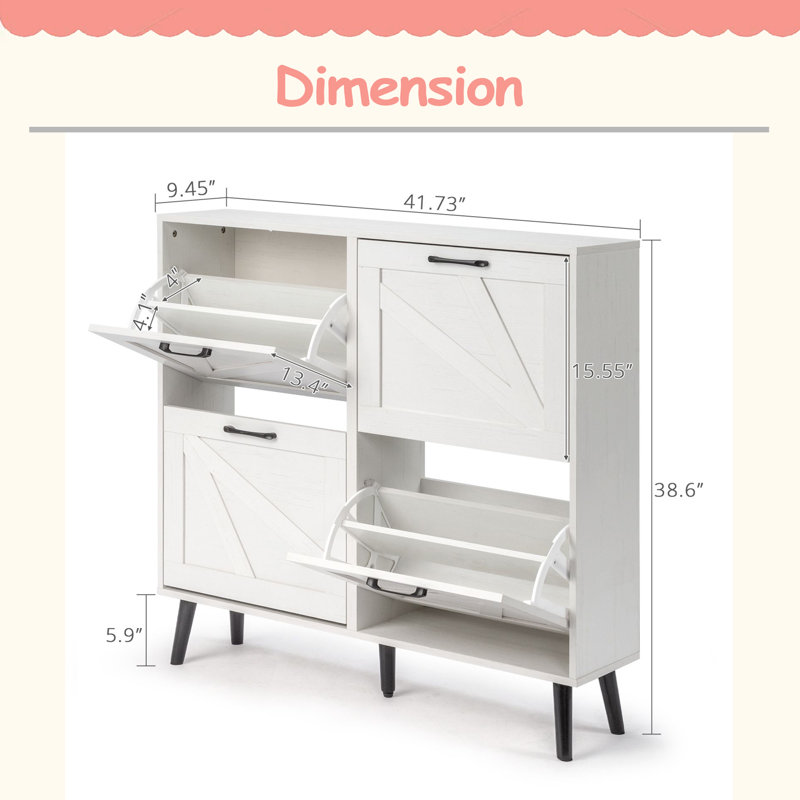 Barn Door With 4 Flip-Down Drawers, Metal Single-Sided Handle + Melamine Particleboard + Solid Wood Tapered Legs. Shoe Cabinet, 106*24*98Cm