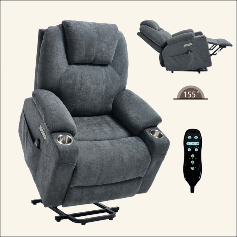 Up To 350 LBS Polyester Power Lift Recliner Chair, Heavy Duty Motion Mechanism With 8-Point Vibration Massage And Lumbar Heating, USB And Type-C Ports, Stainless Steel Cup Holders