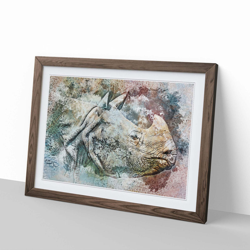 Wild Rhino in Abstract - Picture Frame Painting Print, 36cm H x 48cm W x 2cm D, Walnut Framed