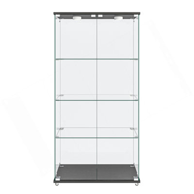 Modern Glass Display Cabinet With LED Lights, Quick-Assembly Antique Cabinet, Tempered Glass Bookshelf, Suitable For Living Room And Bedrooms, 2-Door 4-Shelf